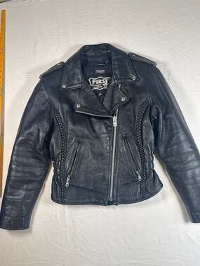 First Genuine Leather Women's Braided Motorcycle Jacket Black Size S